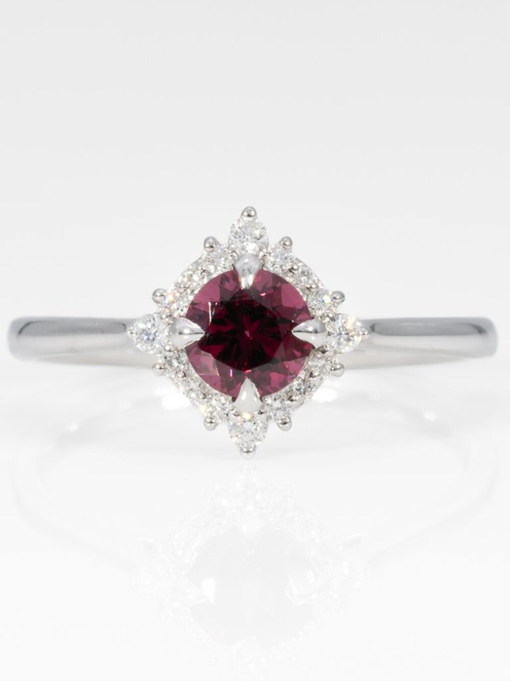 Natural Red Spinel & Diamond Halo Ring in Solid 14K White Gold